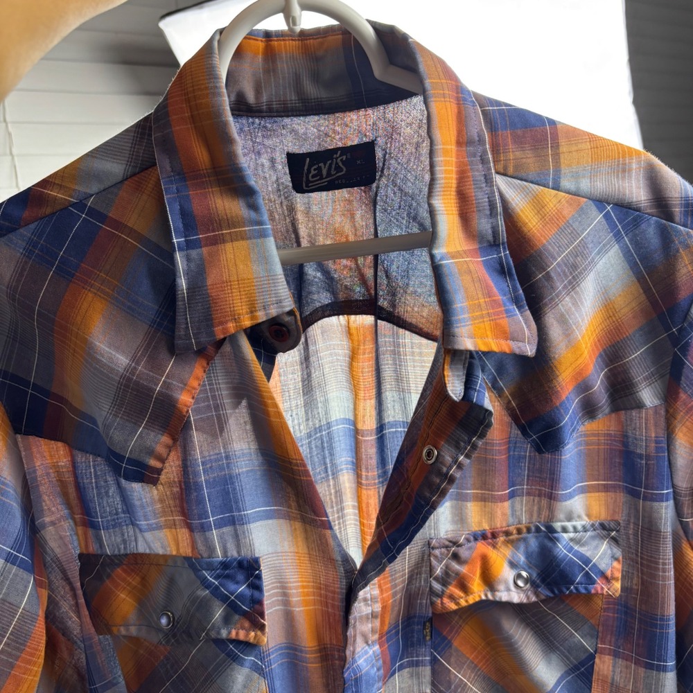 Levi's 80s Pearl Snap Shirt Mens XL Western Regular Fit Plaid Paper Thin USA